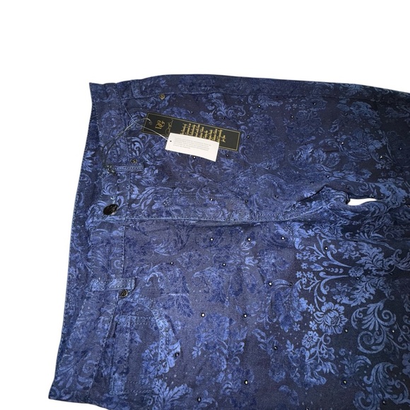 DG2 by Diane Gilman Blue Straight Leg Pants with Rhinestones Floral Pattern - Picture 3 of 5